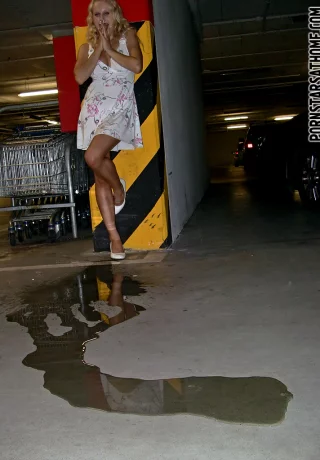 Похотливая блондинка-порнозвезда снимает юбку и писает в общественном месте - 13